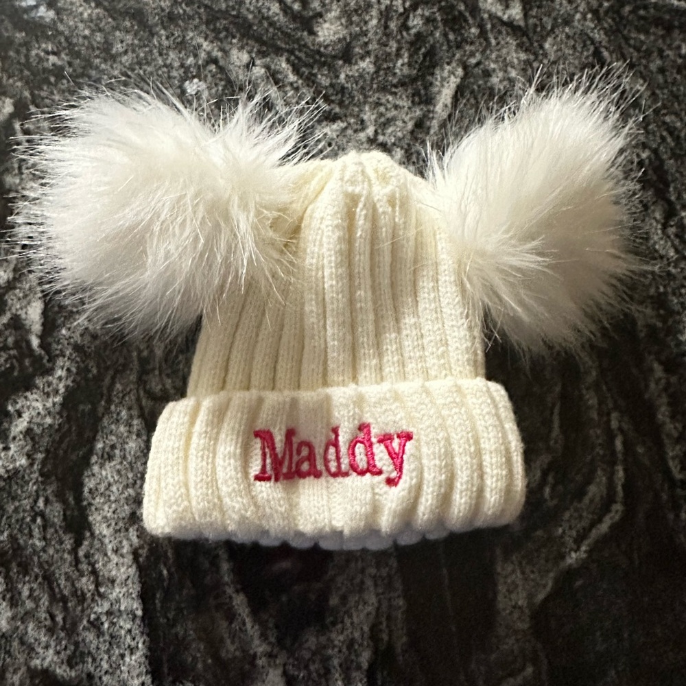 Custom Maddy Beanie White Knit Newborn Hat with Pom Poms